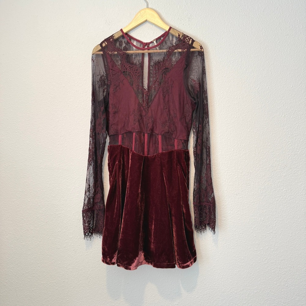 Free People Burgundy Lace and Velvet Long Sleeve Mini Dress Small OB526279